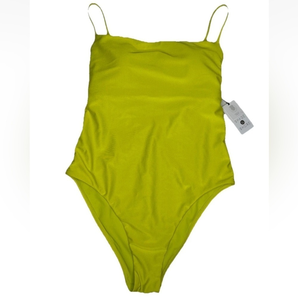 Square Neck High Leg Cheeky A Piece Swimsuit Shade & Shore Lime Green Shine M - Picture 3 of 11